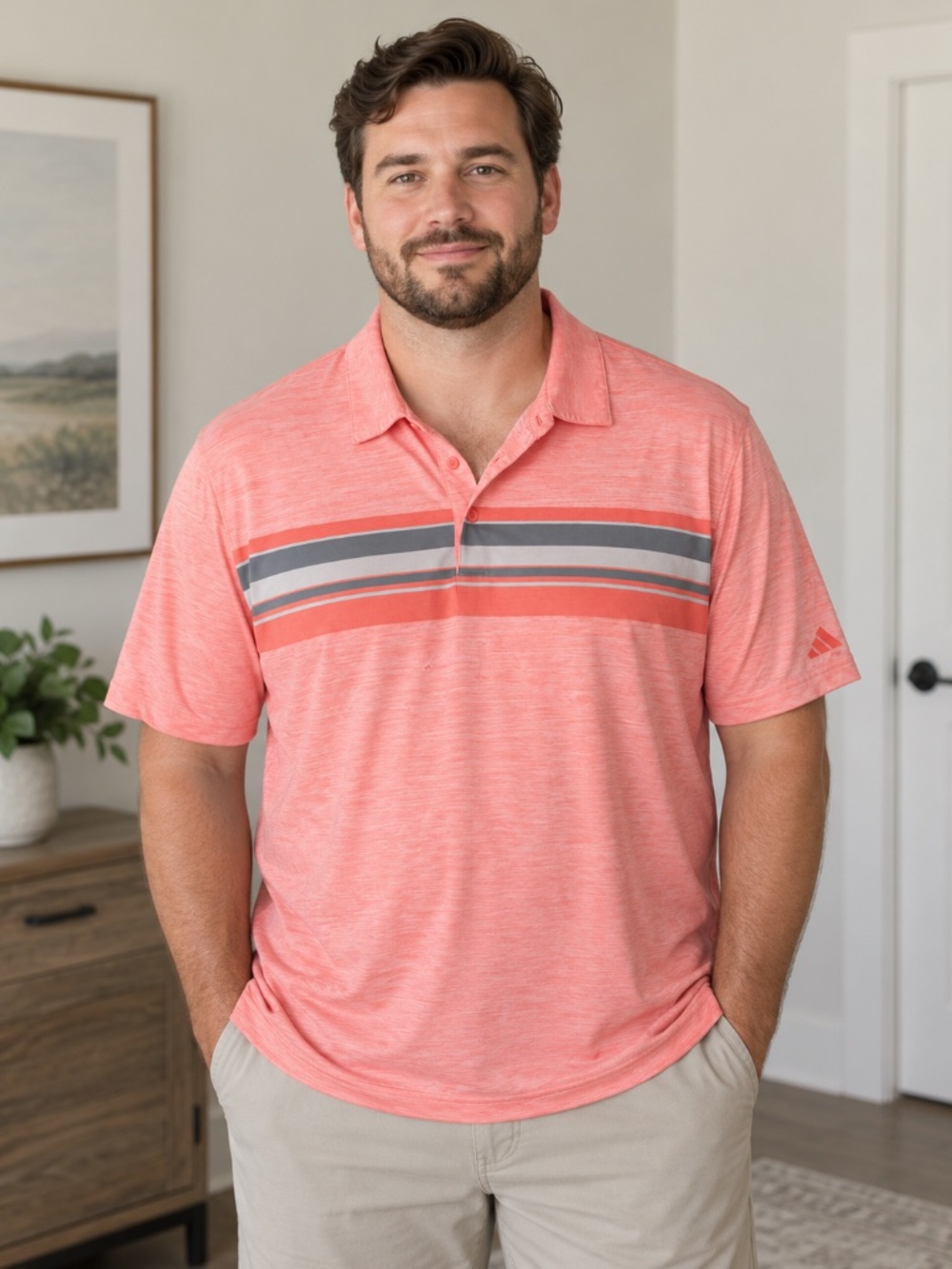 Adidas Men’s 2XL Coral Pink Striped Performance Golf Polo Shirt XXL NWOT